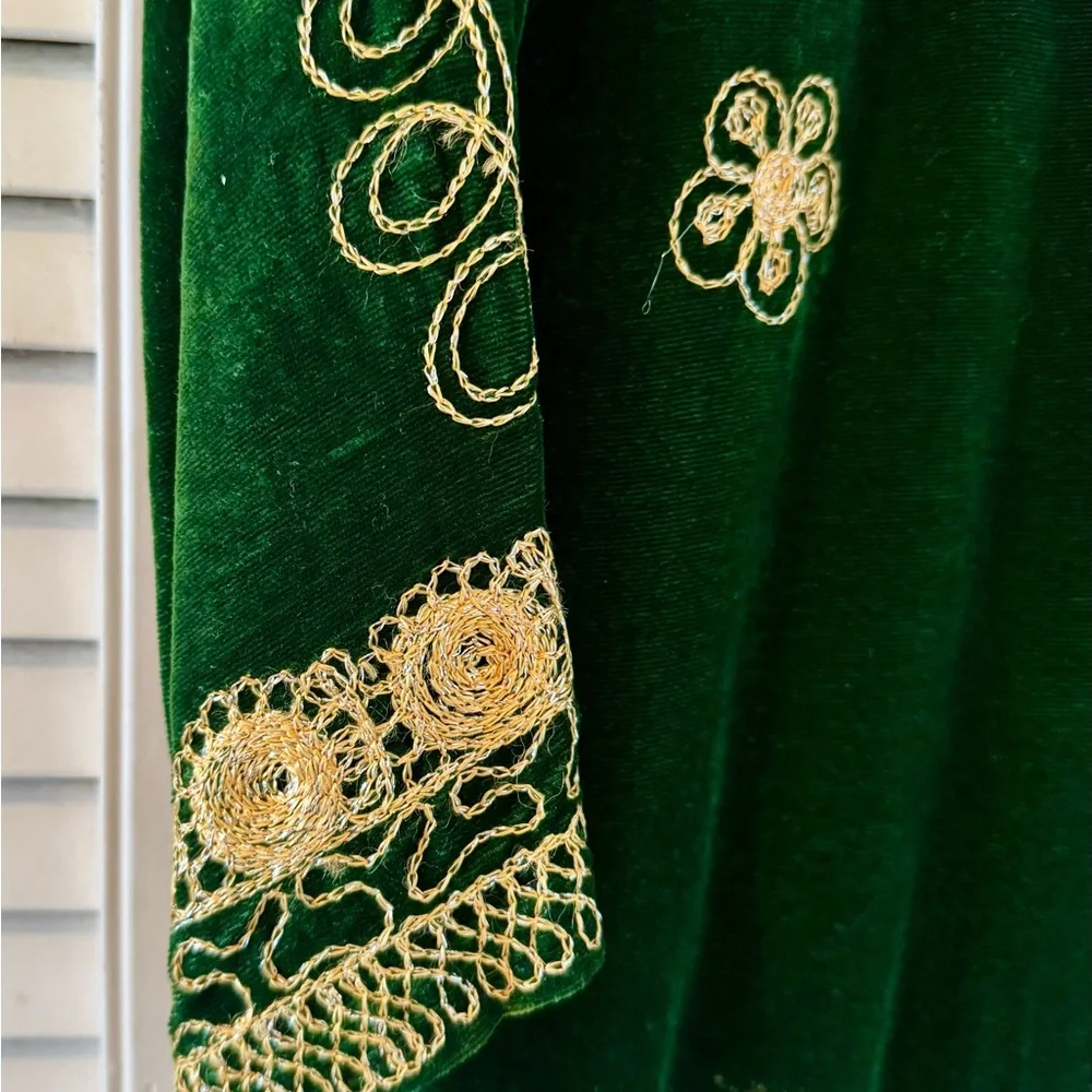 Vintage Elegant Indian Green Velvet Dress with Gold Detailing - Picture 7 of 12